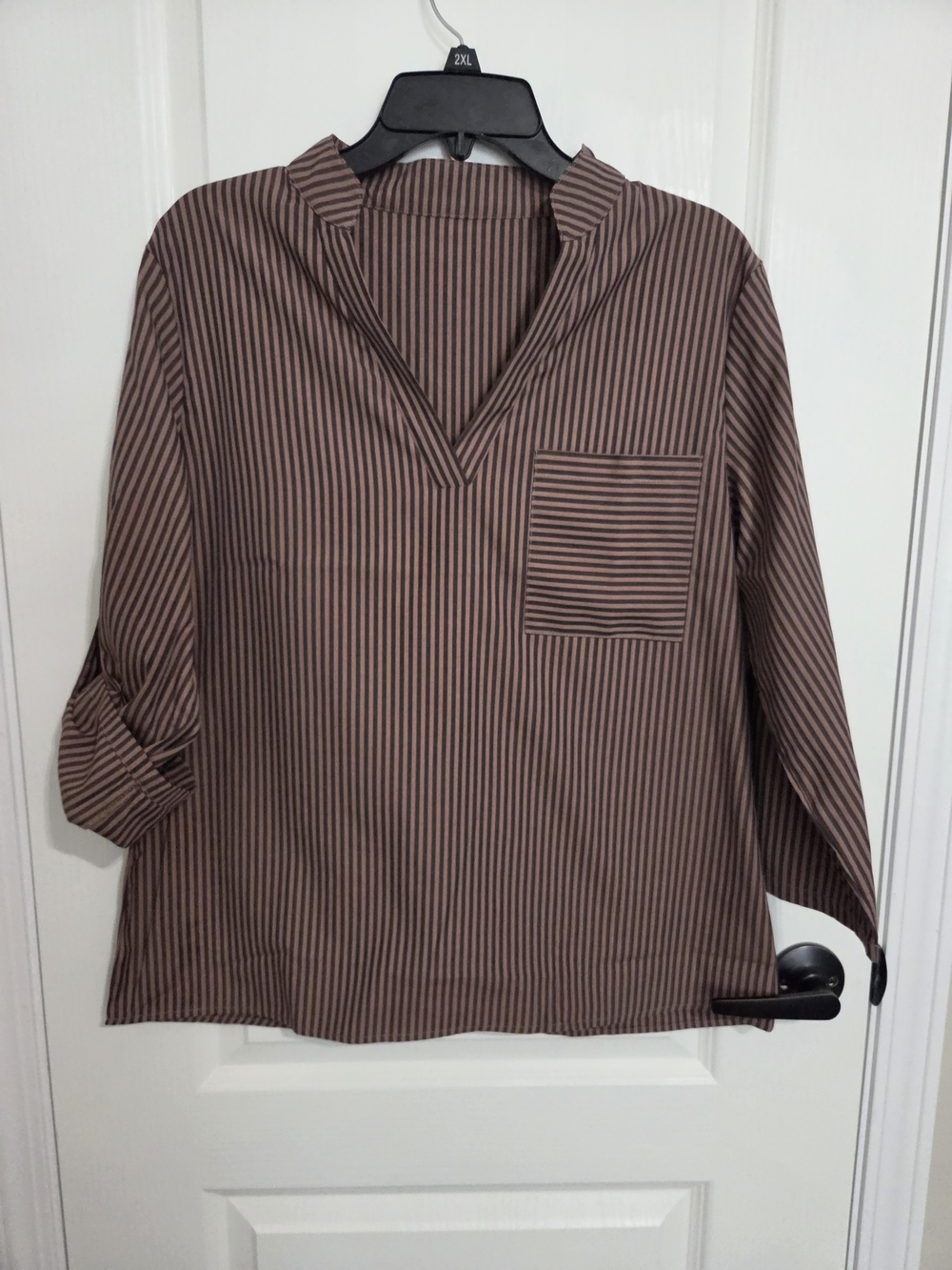 Source Unknown Brown and Black Striped V-Neck Tunic with Pocket